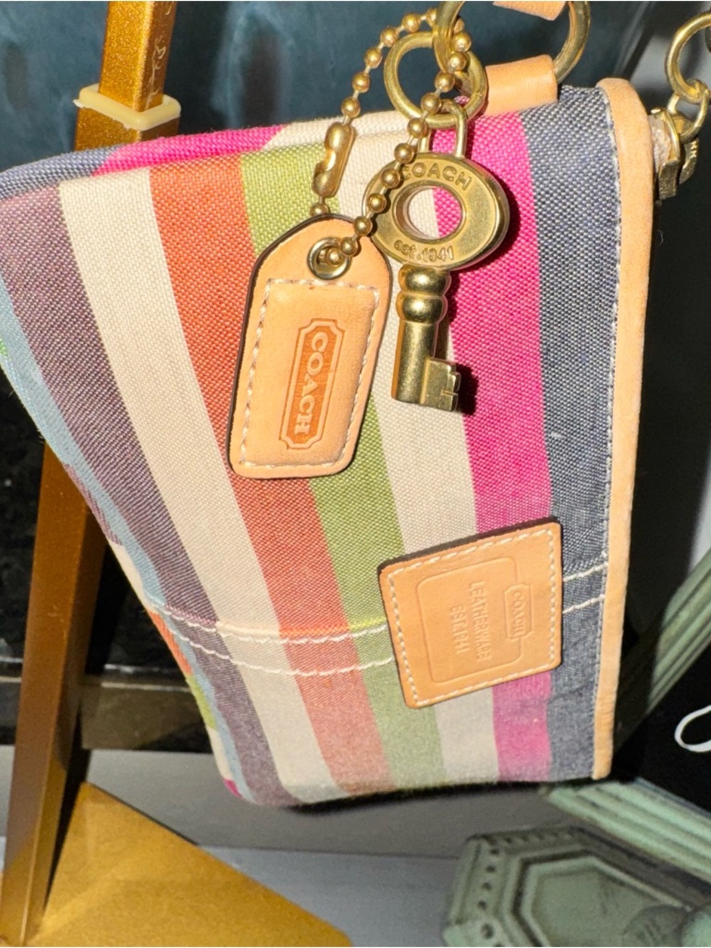 Coach Y2K Legacy Stripe Wristlet with Key Charm 8” x 4” - EUC - Picture 3 of 16